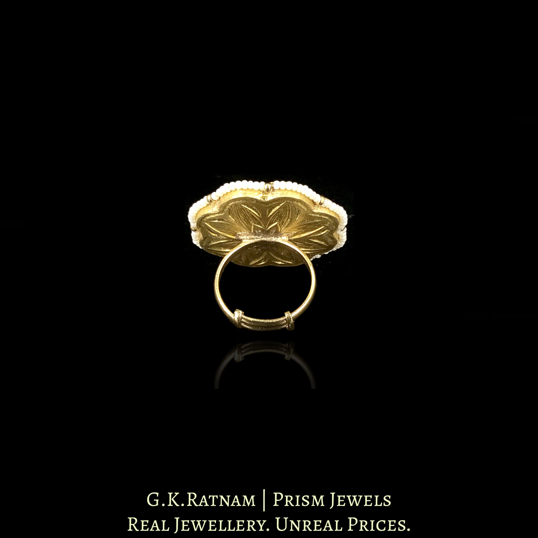 23k Gold And Diamond Polki Floral Ring outlined by Chid Pearls