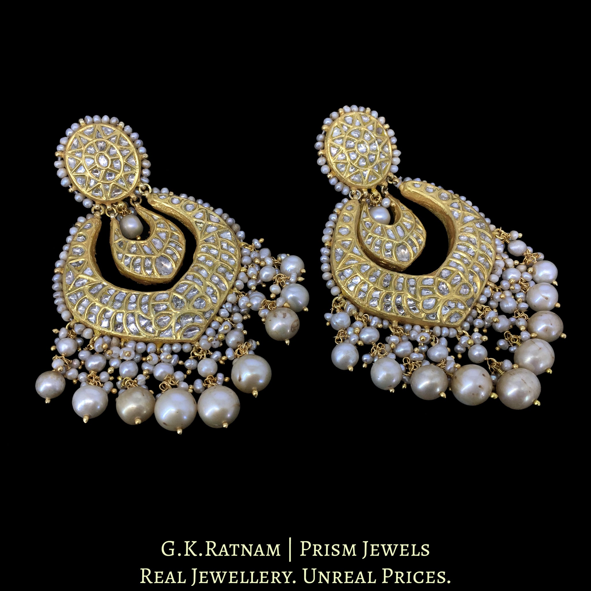 23k Gold and Diamond Polki Chand Bali Earring Pair strung with Antiqued Freshwater Pearls