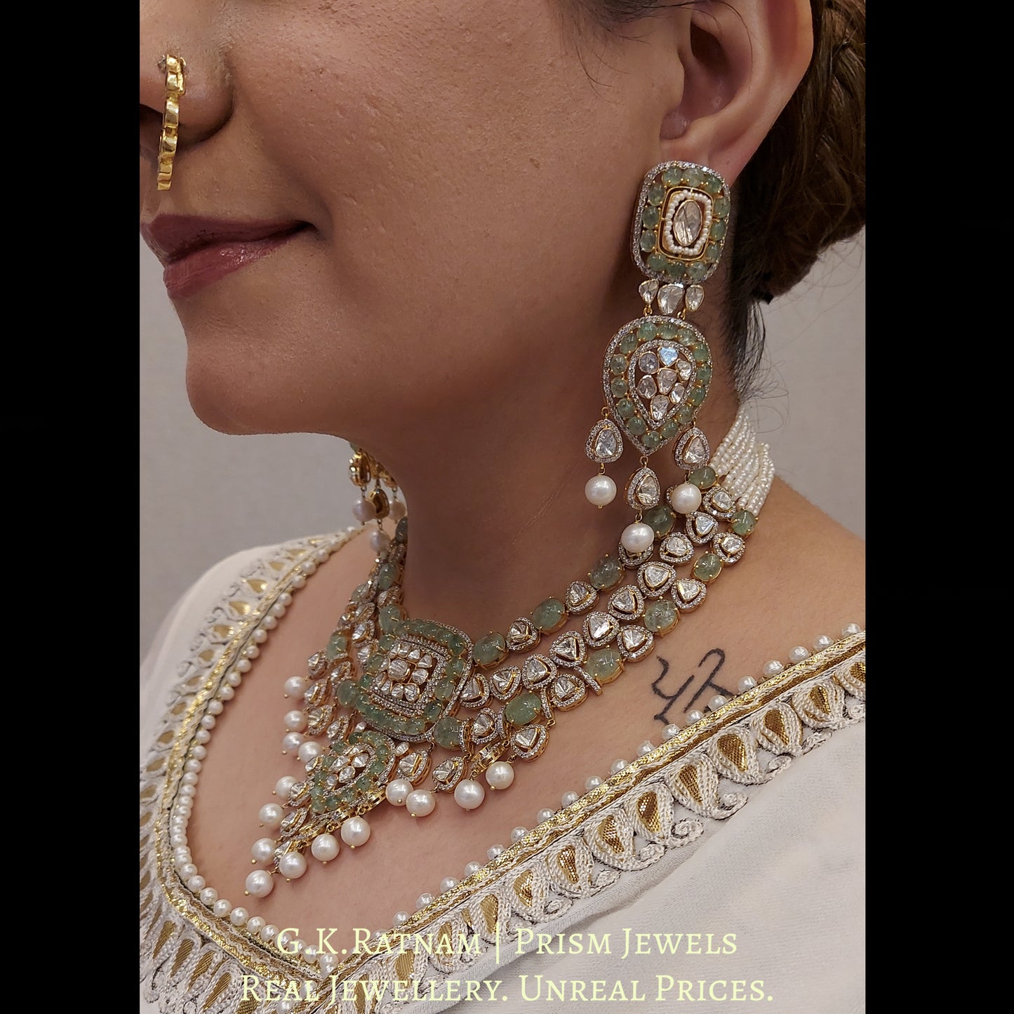 18k Gold and Diamond Polki Open Setting Necklace Set with emerald-grade cabochons