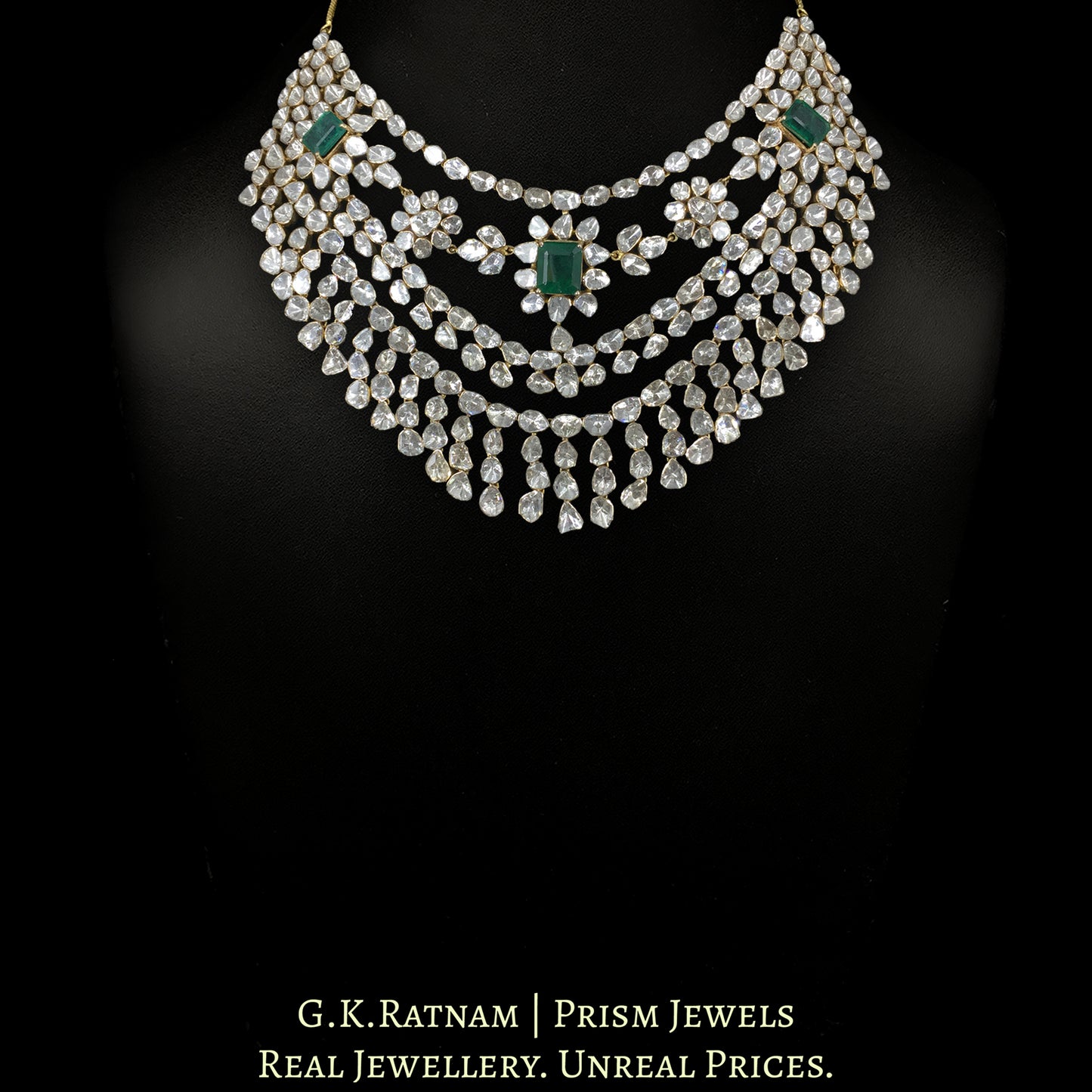 18k Gold and Diamond Polki Open Setting Necklace Set with Natural Emeralds