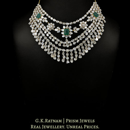 18k Gold and Diamond Polki Open Setting Necklace Set with Natural Emeralds