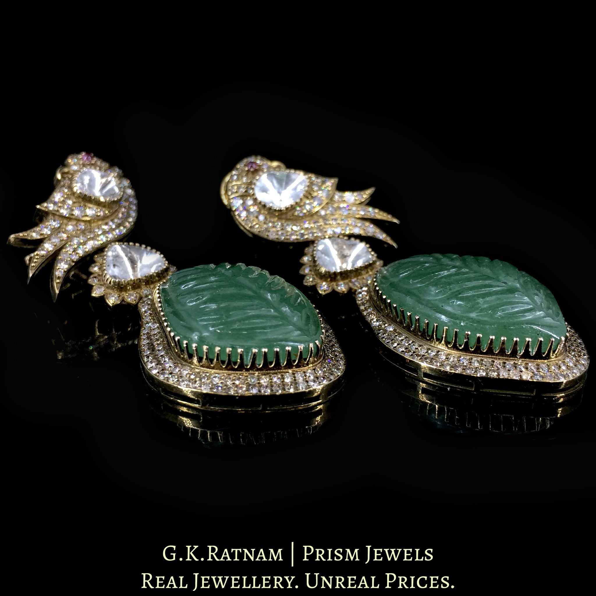 14K Gold and Diamond Polki Open Setting victorian-finish Long Earring Pair with emerald-grade carved Strawberry Quartz