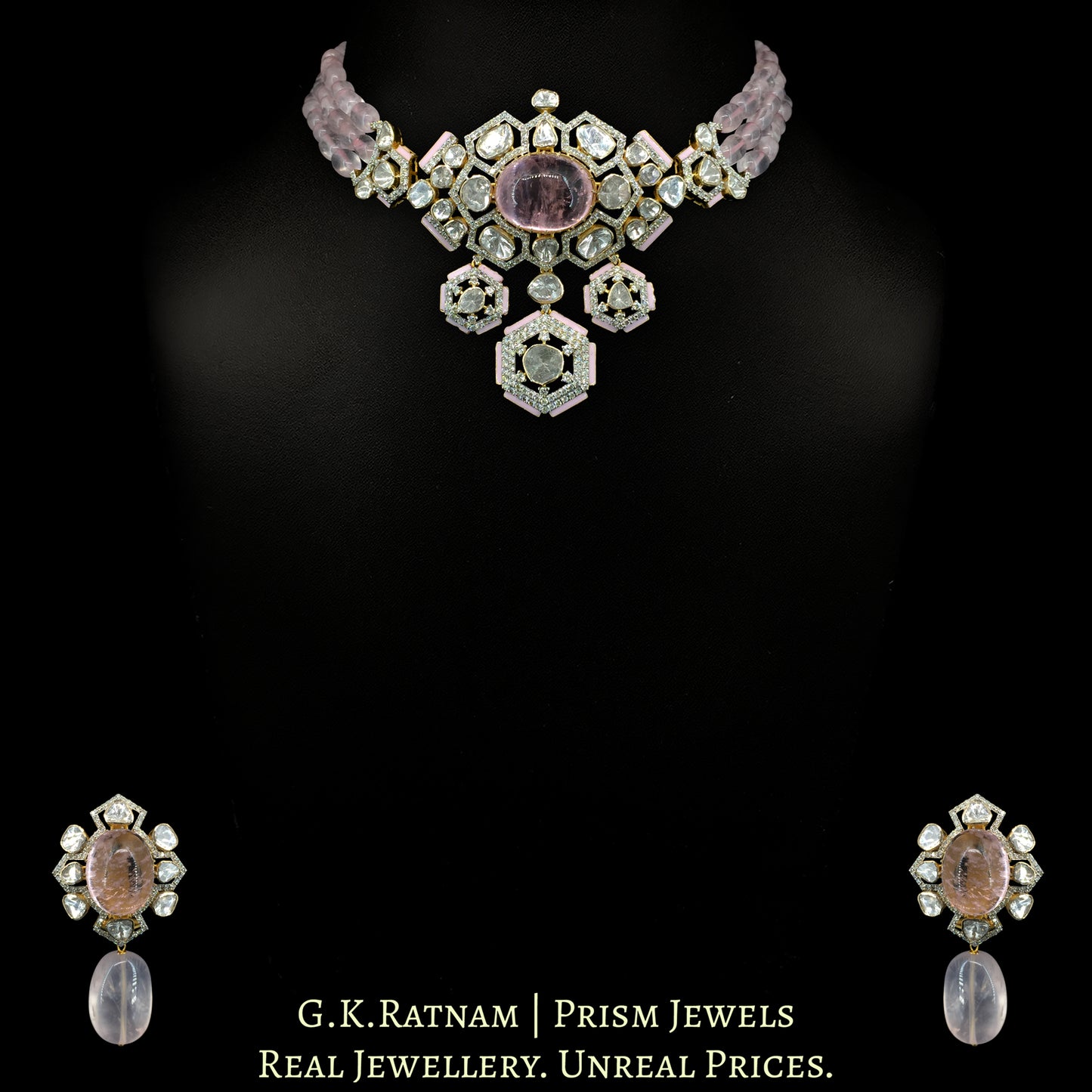 14k Gold and Diamond Polki Open Setting Choker Necklace Set with Morganites