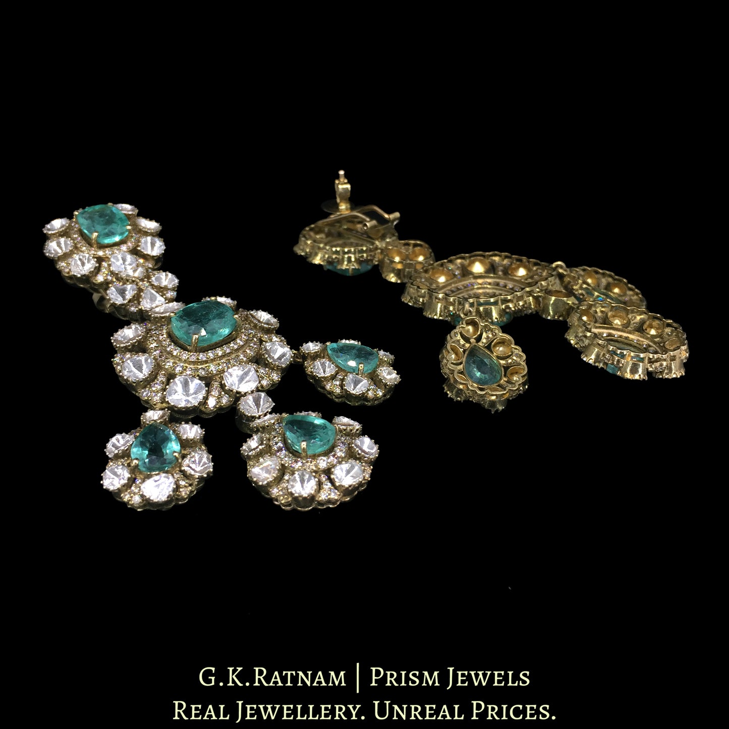 14k Gold and Diamond Polki Open Setting victorian-finish Long Earring Pair with Lab Grown Russian Emeralds - G. K. Ratnam