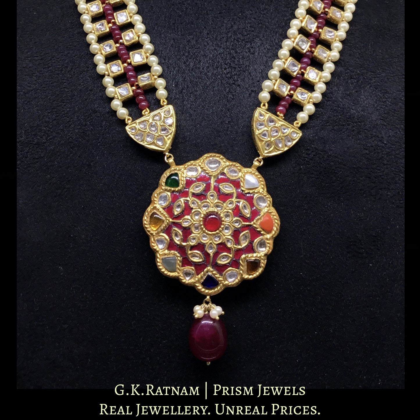 23k Gold and Diamond Polki Navratna floral Pendant Set with Patrihaar / Ranihaar
