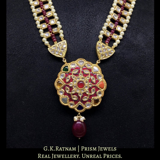 23k Gold and Diamond Polki Navratna floral Pendant Set with Patrihaar / Ranihaar