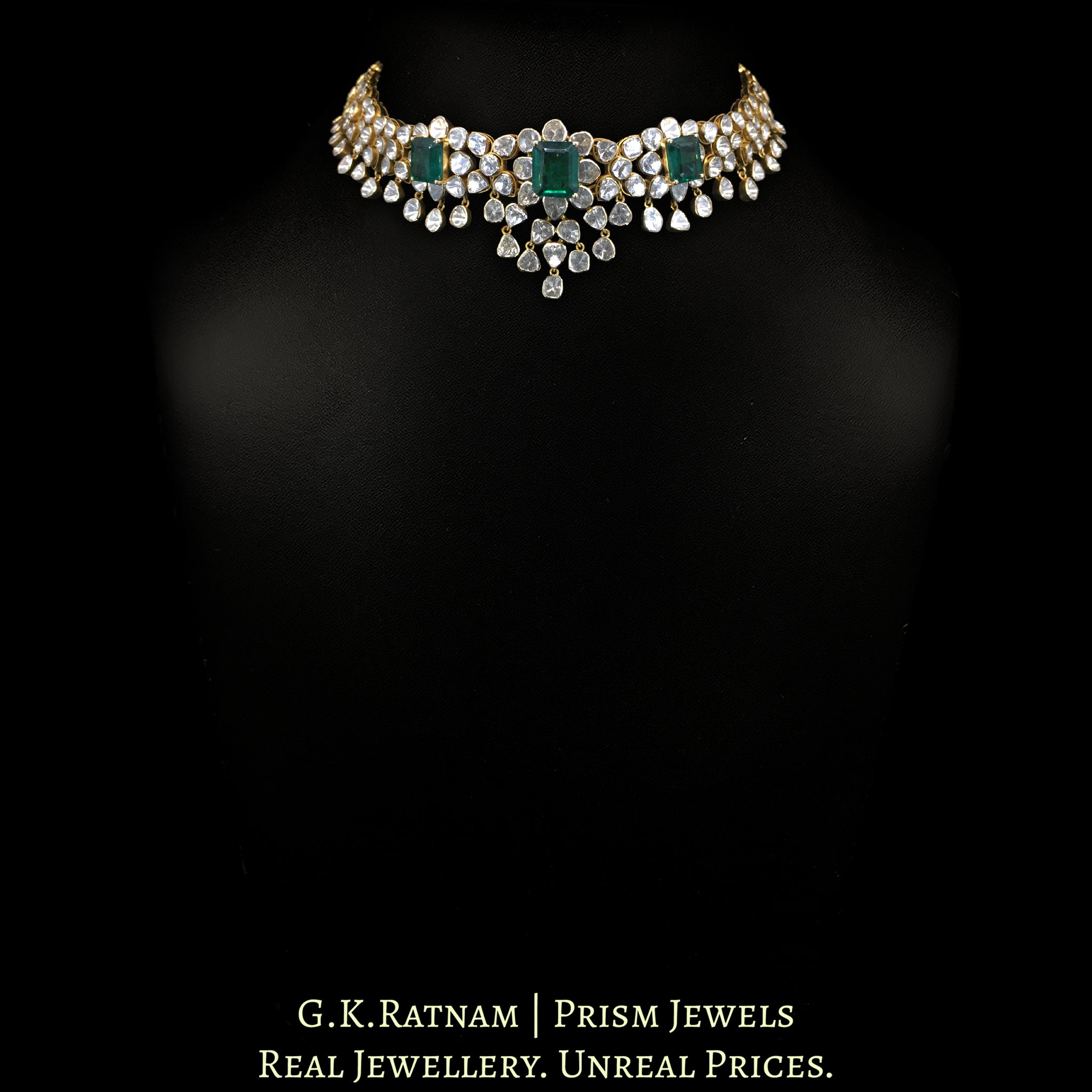 14k Gold and Diamond Polki Open Setting Choker Necklace Set with Lab Grown Emeralds