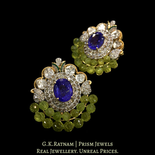 14k Gold and Diamond Polki Open Setting Karnfool Earring Pair with Peridot Briolettes - G. K. Ratnam
