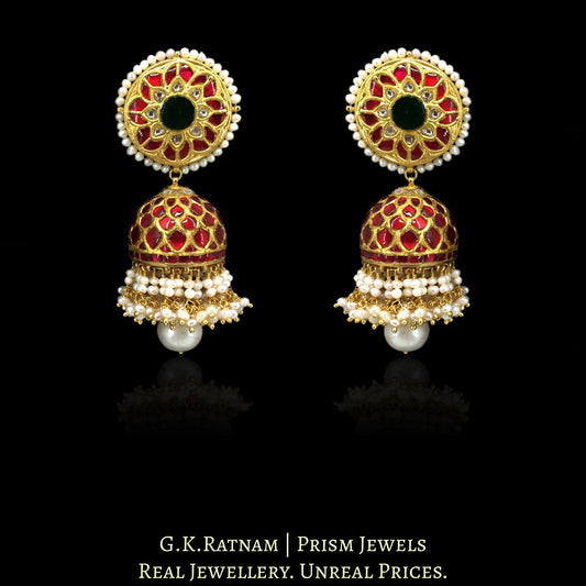 23k Gold and Diamond Polki south-style Jhumki Earring Pair with Natural Freshwater Pearls