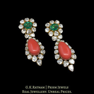 18k Gold and Diamond Polki Open Setting Long Earring Pair with Corals and lab-grown Emeralds