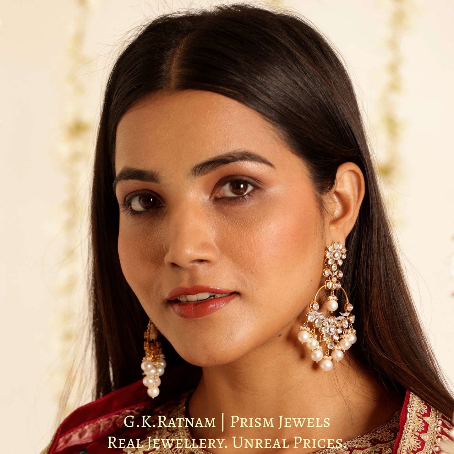 14k Gold and Diamond Polki Open Setting Chand Bali Earring Pair with Natural Freshwater Pearls - G. K. Ratnam