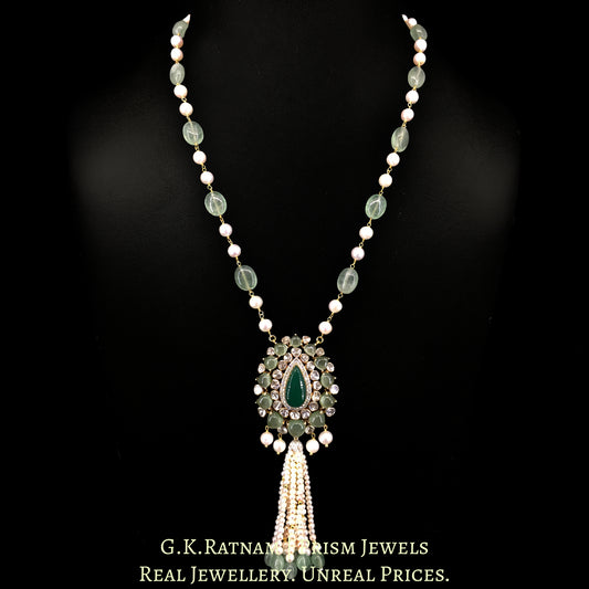 14K Gold and Diamond Polki Open Setting Pendant strung with Freshwater Pearls and Strawberry Quartz