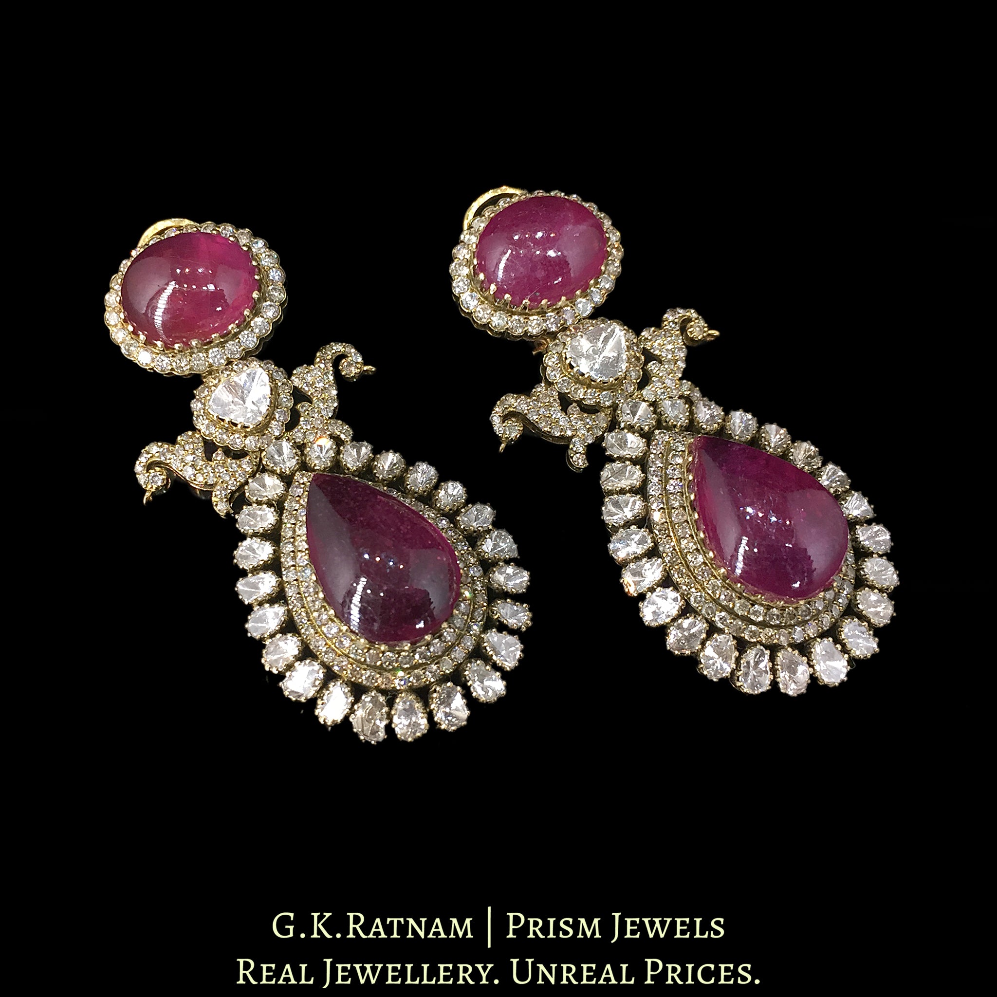 18k Gold and Diamond Polki Open Setting victorian-finish Long Earring Pair with Rubies