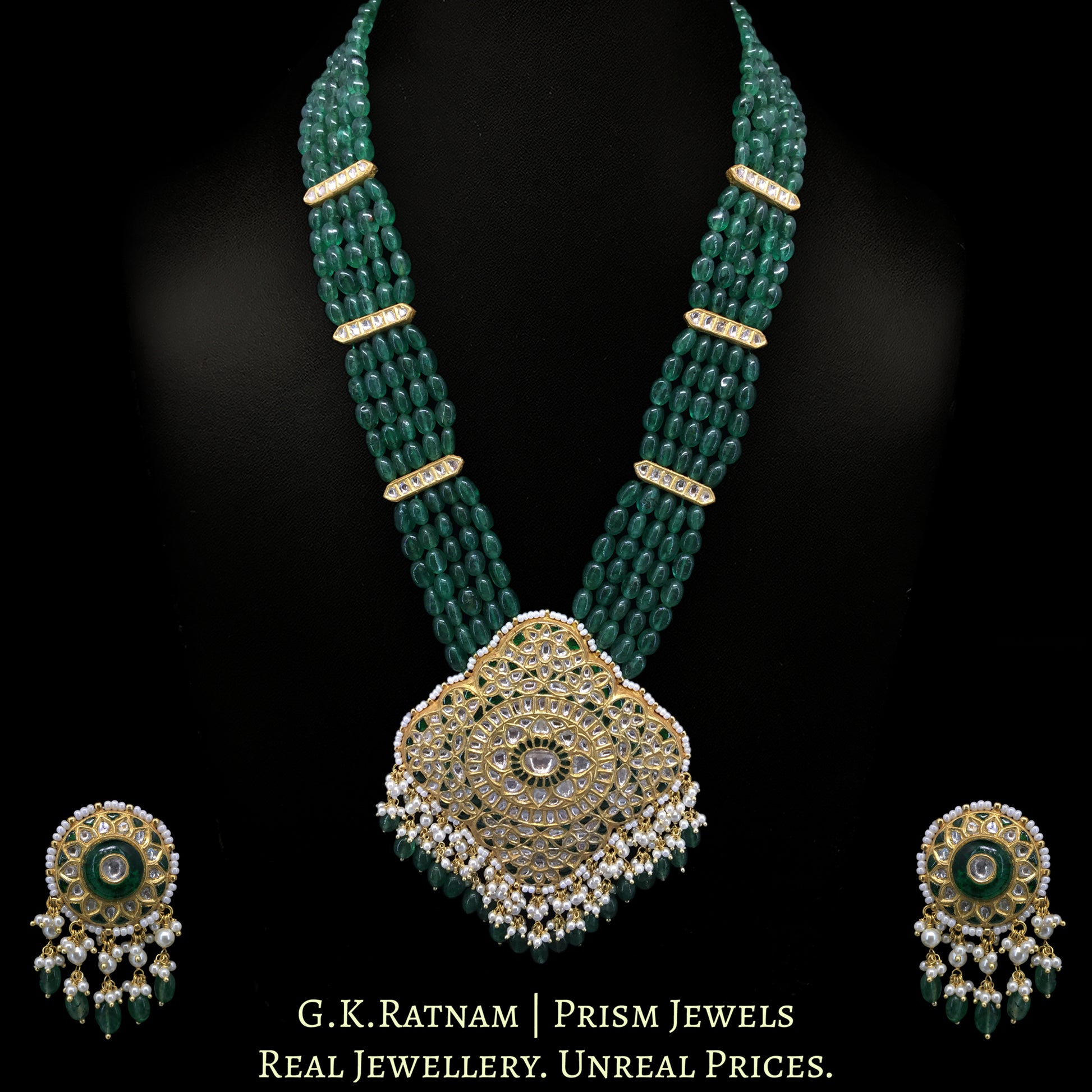 23k Gold and Diamond Polki Pendant Set strung with emerald-green Strawberry Quartz Maniya - G. K. Ratnam