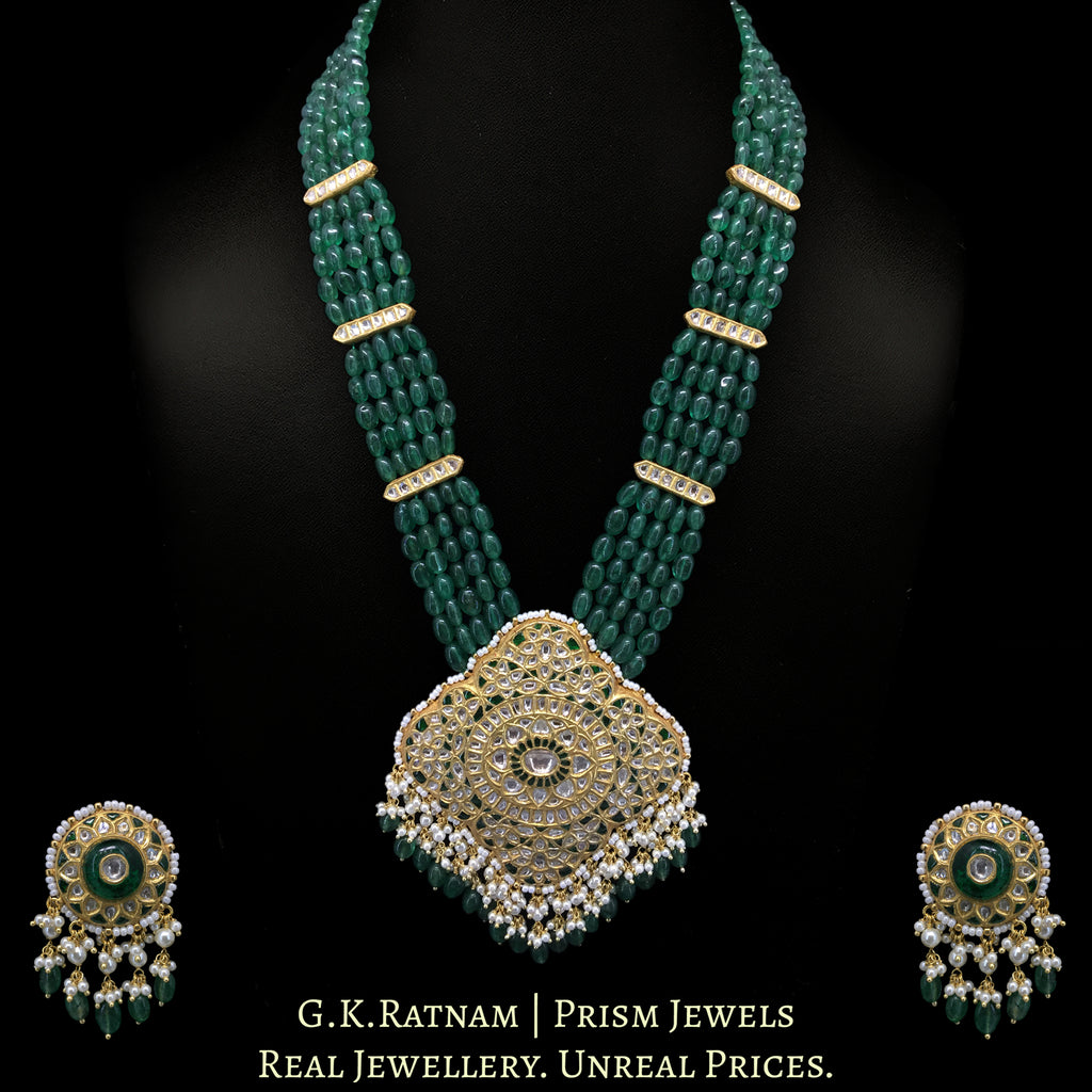 23k Gold and Diamond Polki Pendant Set strung with emerald-green Strawberry Quartz Maniya