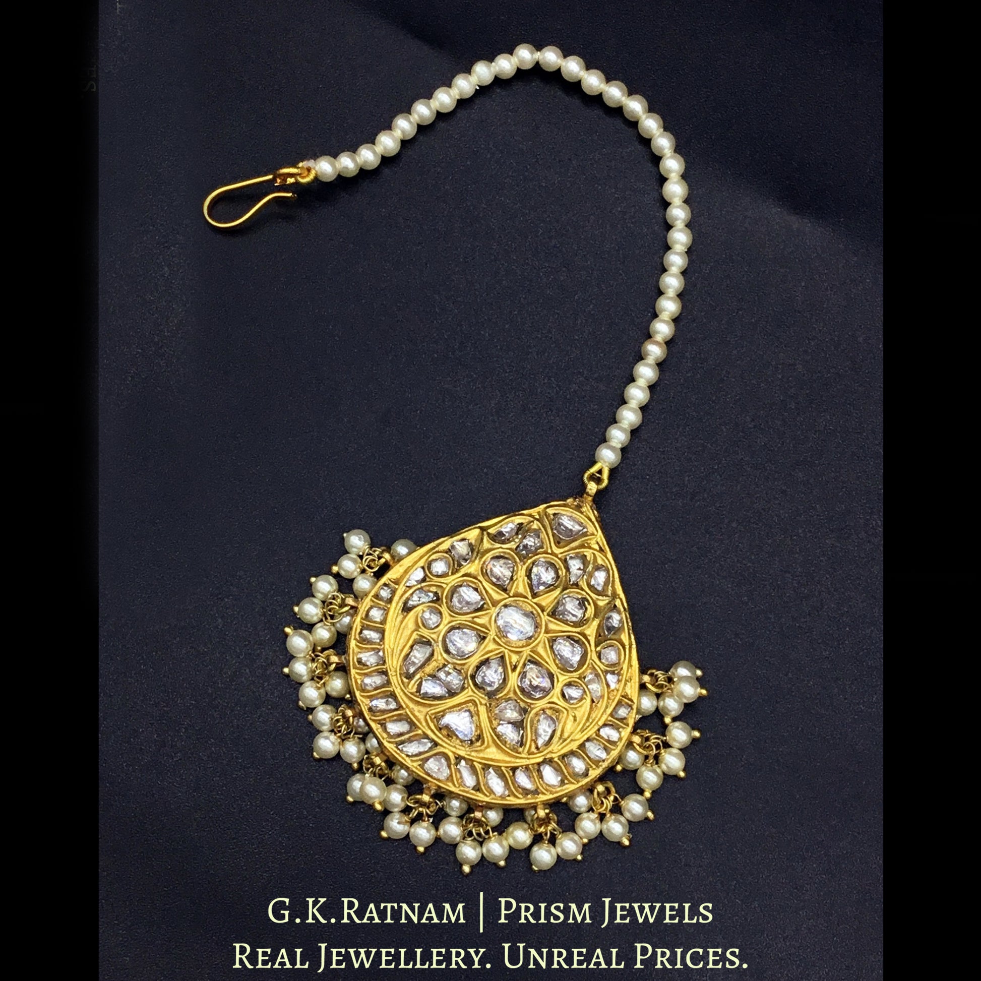 23k Gold and Diamond Polki Maang Tika with triple-coated shell pearls - G. K. Ratnam