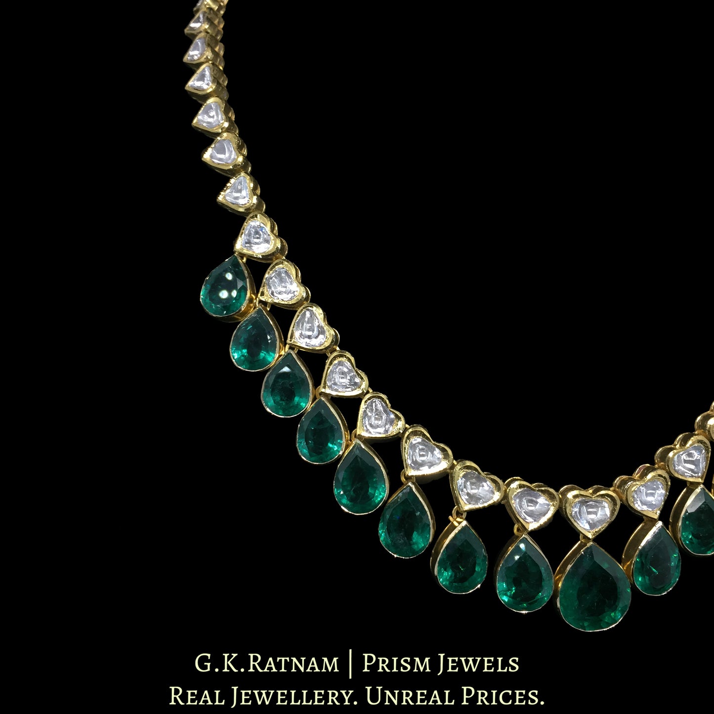18k Gold and Diamond Polki single-line Necklace Set with Lab Grown Emerald hangings