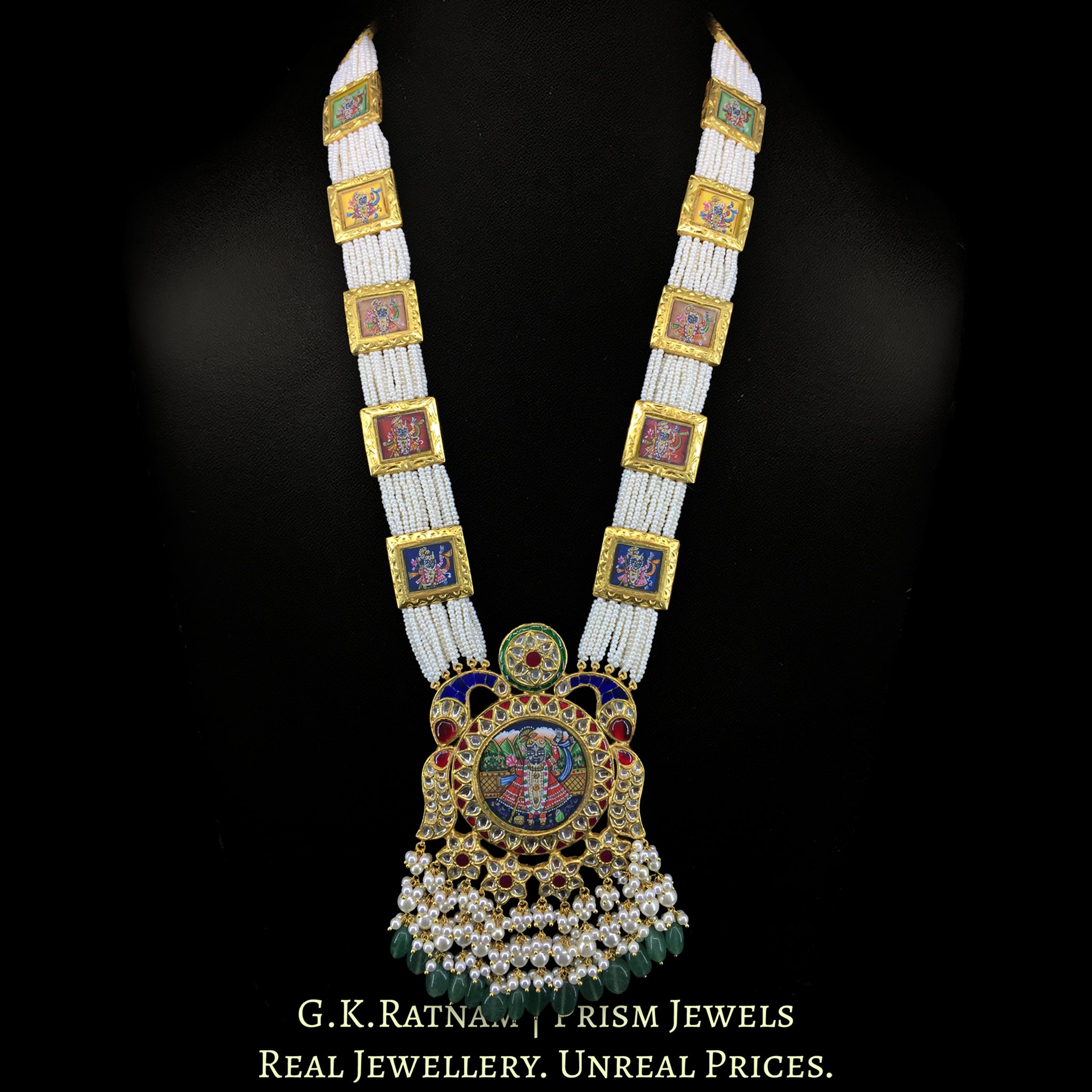 23k Gold and Diamond Polki Pendant Set with Patrihaar / Ranihaar of hand-painted Shri Nath Ji Motifs