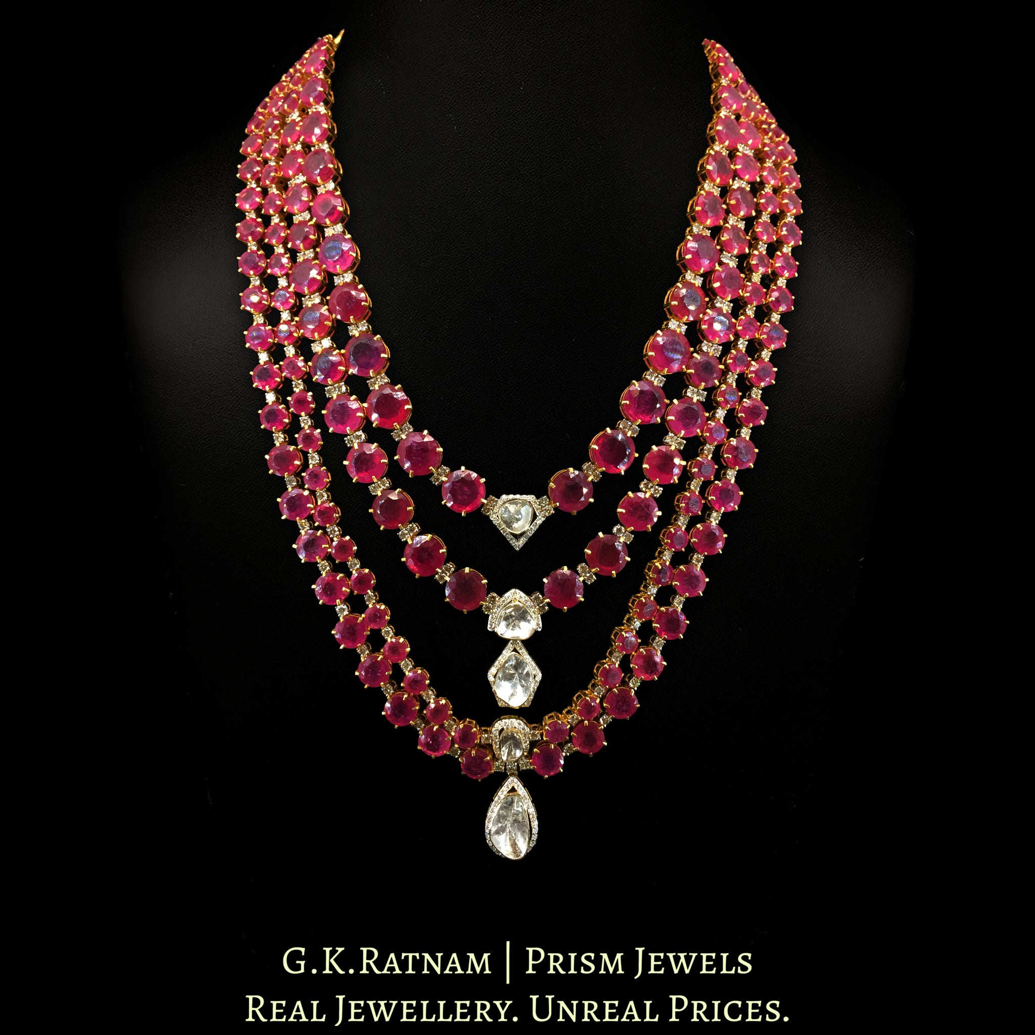 18k Gold and Diamond Polki Open Setting Long Necklace Set with Rubies