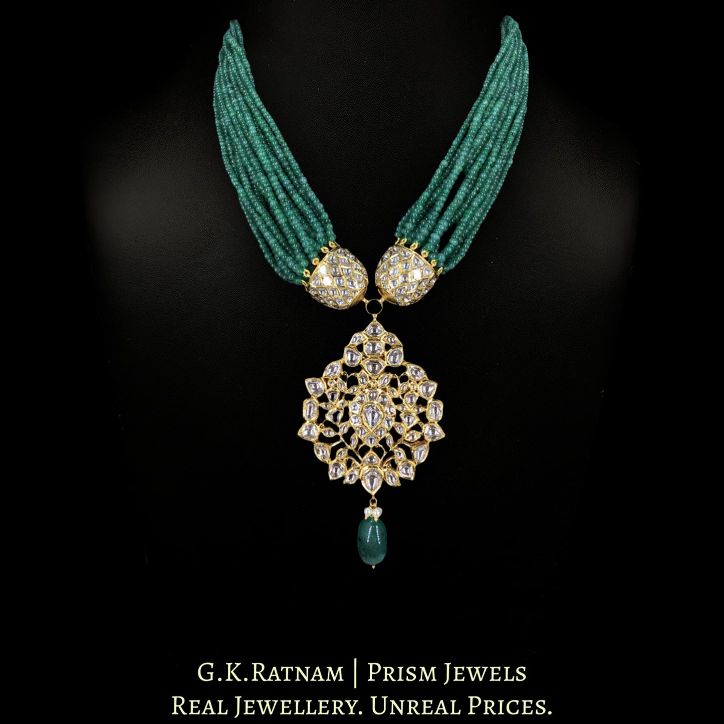 18k Gold and Diamond Polki Pendant Set enhanced with Natural Emerald Bunches - G. K. Ratnam