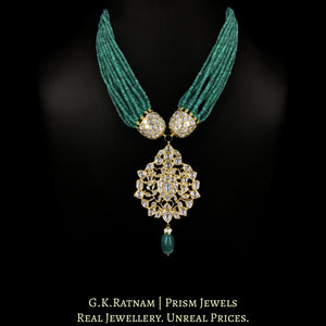 18k Gold and Diamond Polki Pendant Set enhanced with Natural Emerald Bunches