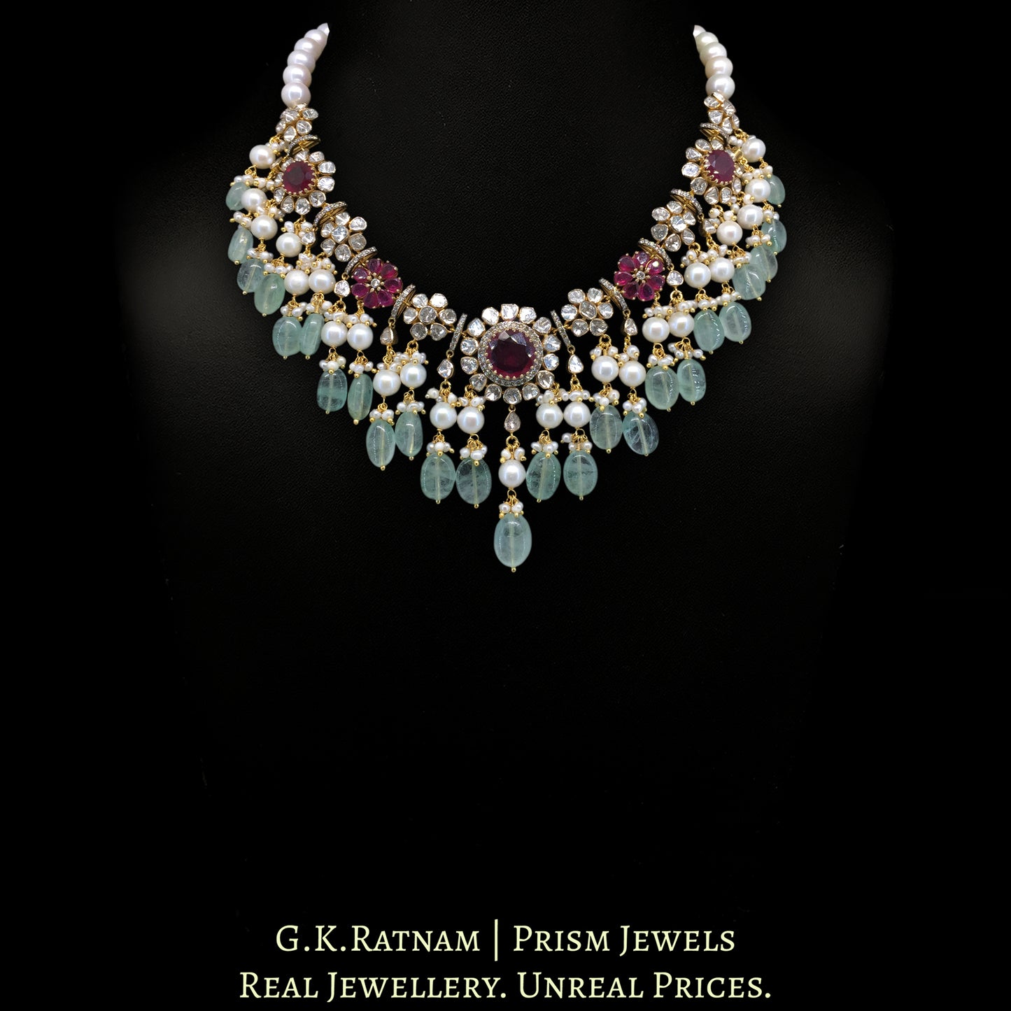 18k Gold and Diamond Polki Open Setting Necklace Set with Rubies