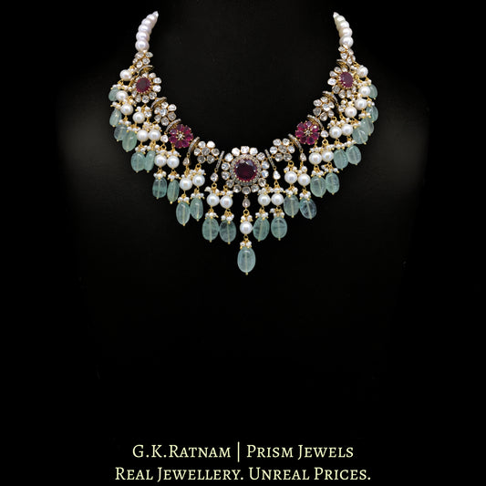 18k Gold and Diamond Polki Open Setting Necklace Set with Rubies