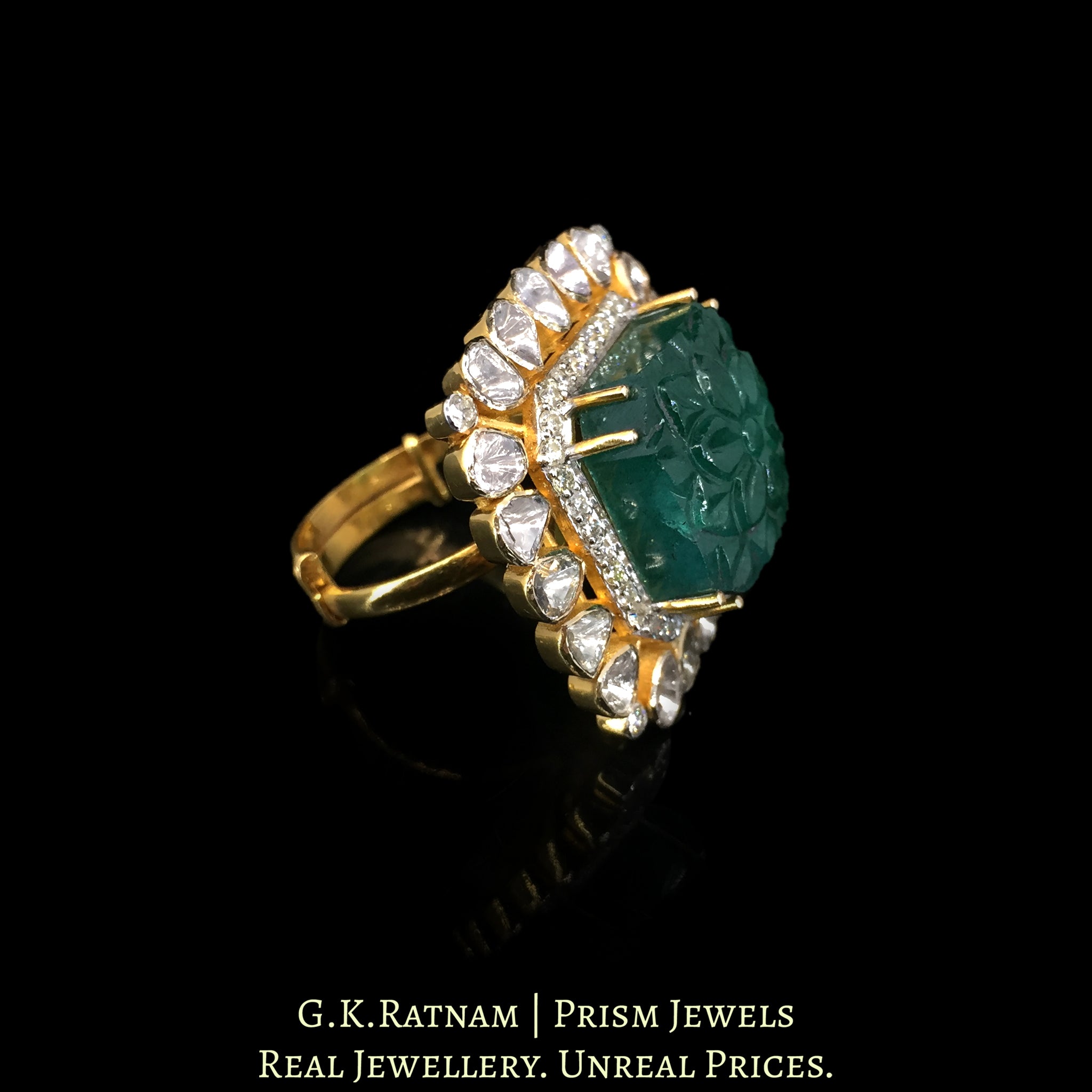 14k Gold and Diamond Polki Open Setting Ring with hand-carved Green Beryl