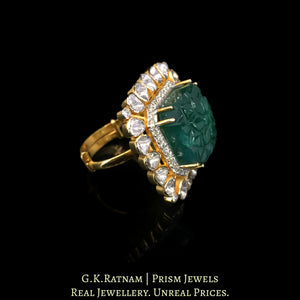 14k Gold and Diamond Polki Open Setting Ring with hand-carved Green Beryl