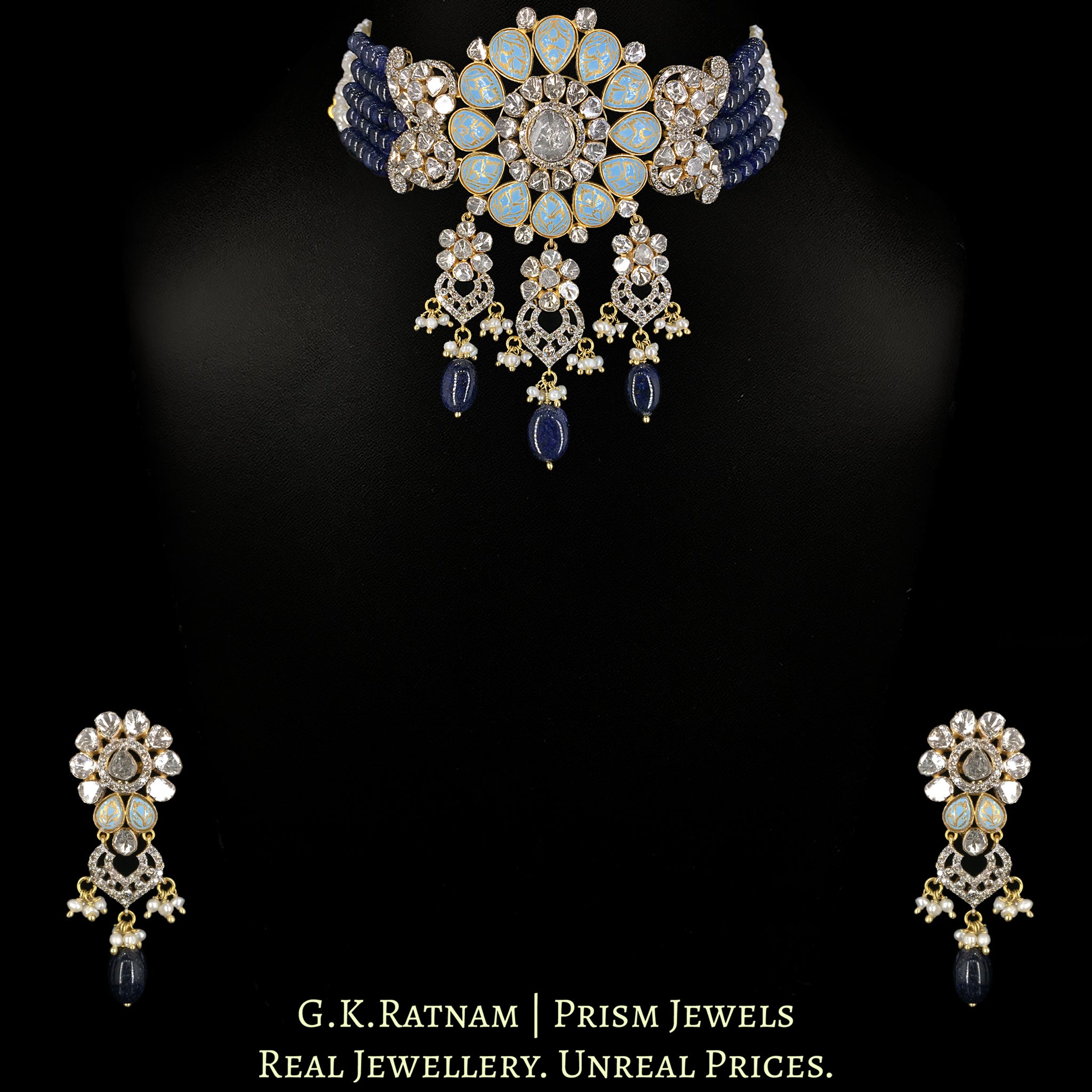 18k Gold and Diamond Polki Open Setting Choker Necklace Set with Turquoise Enamel