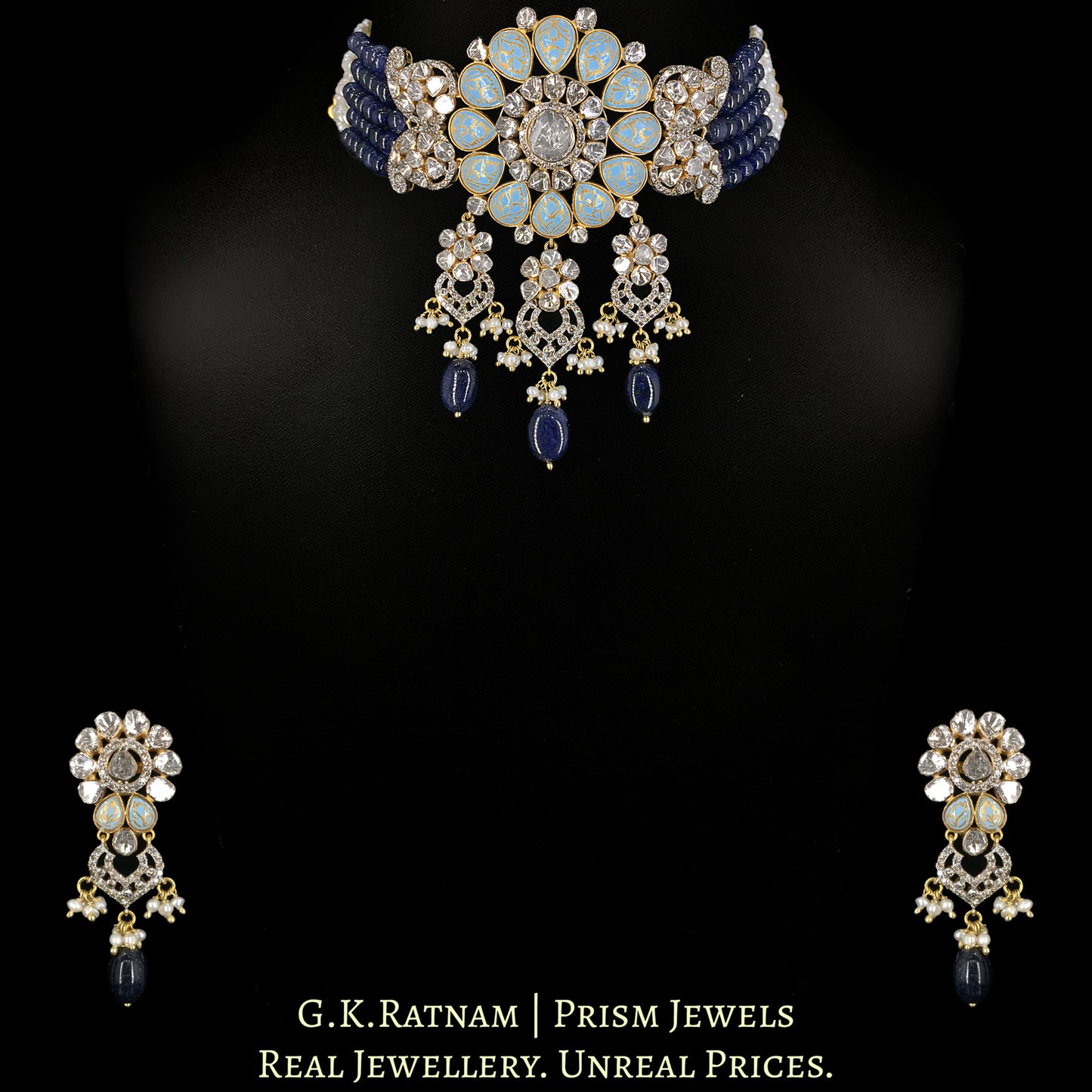 18k Gold and Diamond Polki Open Setting Choker Necklace Set with Turquoise Enamel - G. K. Ratnam
