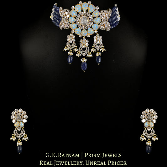 18k Gold and Diamond Polki Open Setting Choker Necklace Set with Turquoise Enamel - G. K. Ratnam