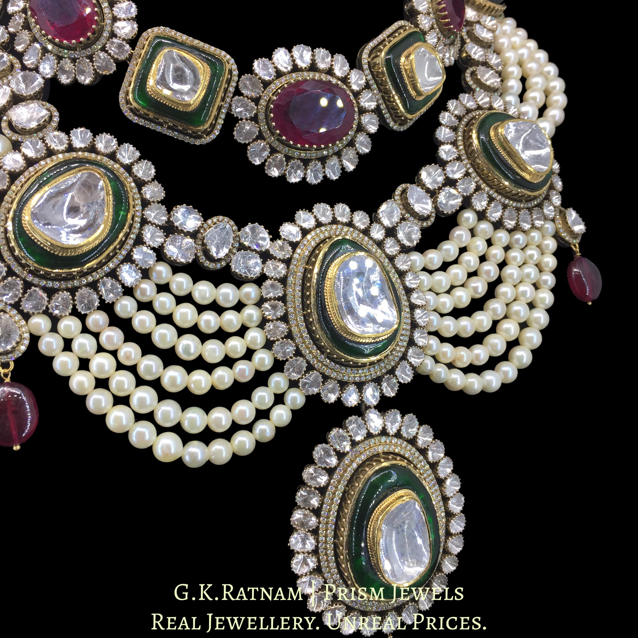 14k Gold and Diamond Polki Open Setting multi-purpose detachable Necklace in Victorian Finish