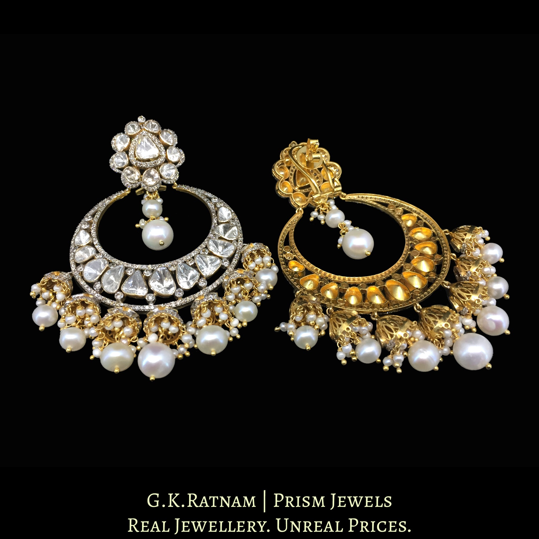 14k Gold and Diamond Polki Open Setting Chand Bali Earring Pair with Jhumkis