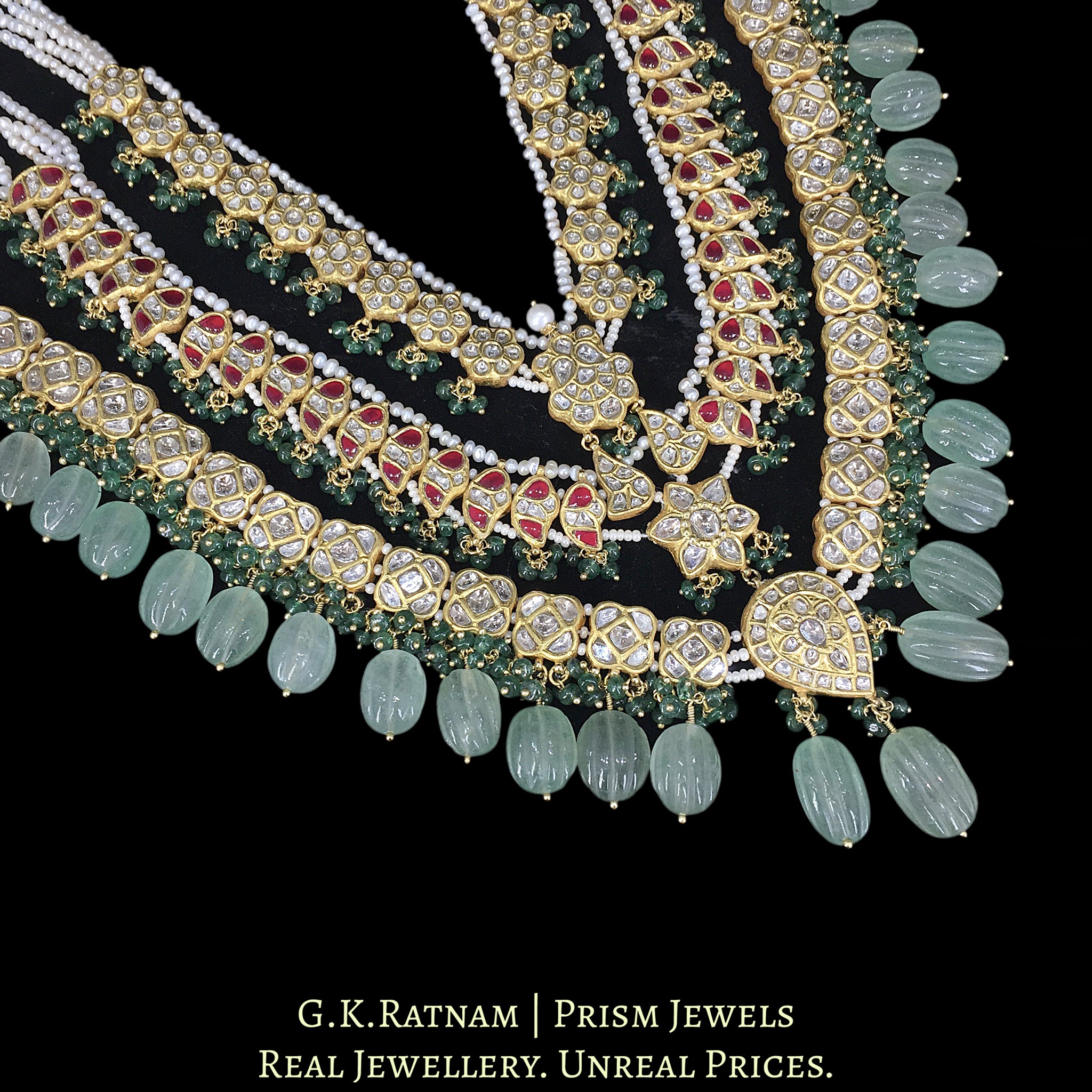 23k Gold and Diamond Polki three-line Necklace with hand-carved Strawberry Quartz Melons