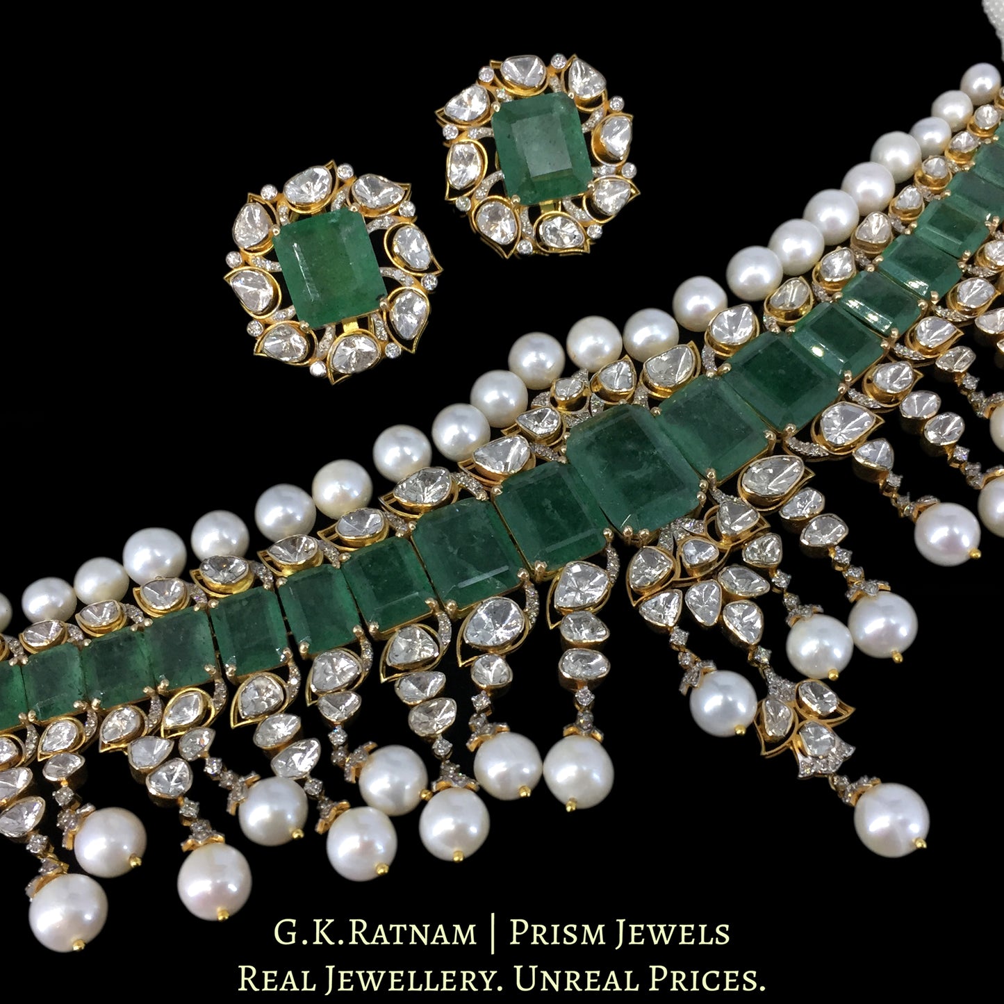 14k Gold and Diamond Polki Open Setting Necklace Set with emerald-green Strawberry Quartz