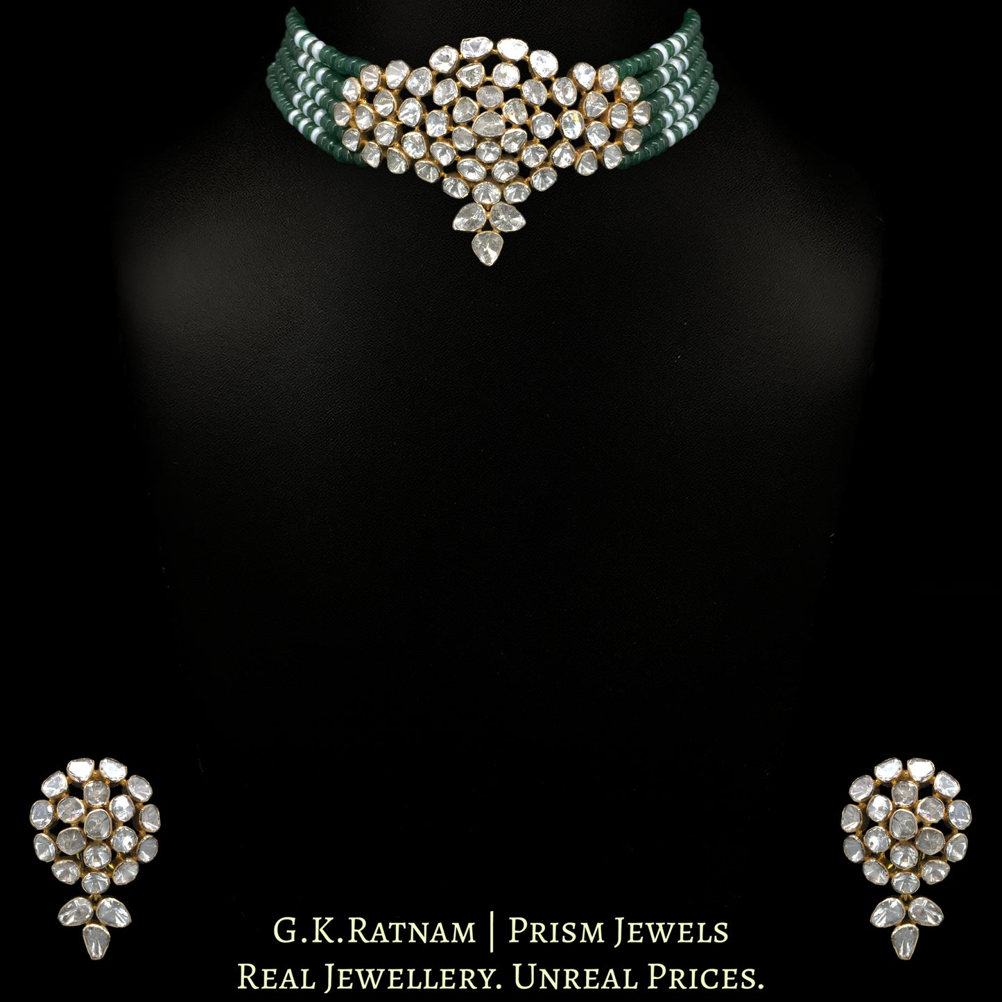 18k Gold and Diamond Polki Open Setting Choker Necklace Set with emerald-green Strawberry Quartz - G. K. Ratnam