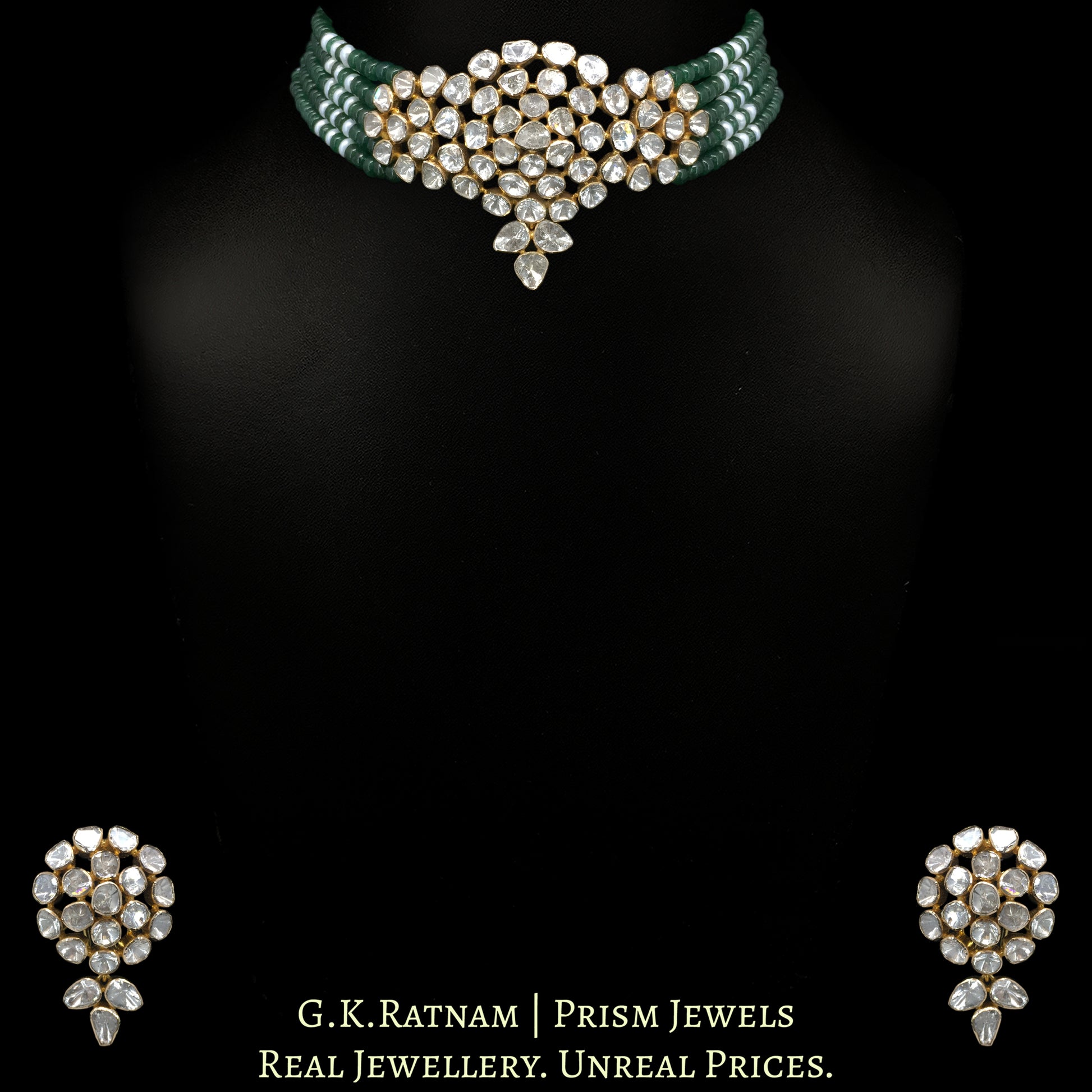 18k Gold and Diamond Polki Open Setting Choker Necklace Set with emerald-green Strawberry Quartz - G. K. Ratnam