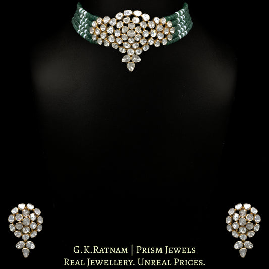 18k Gold and Diamond Polki Open Setting Choker Necklace Set with emerald-green Strawberry Quartz - G. K. Ratnam