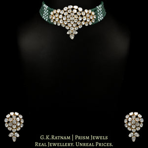 18k Gold and Diamond Polki Open Setting Choker Necklace Set with emerald-green Strawberry Quartz