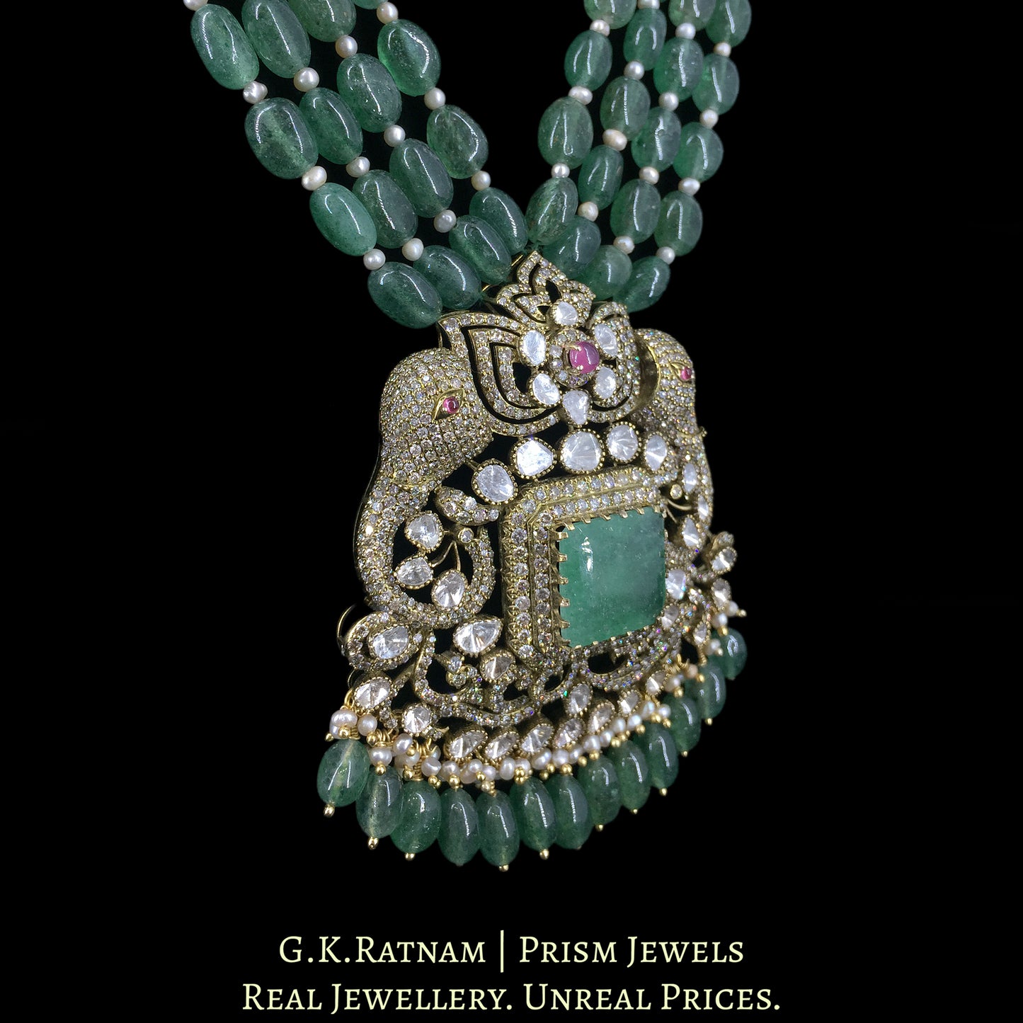 14k Gold and Diamond Polki Open Setting victorian-finish Pendant Set with Elephant Motifs