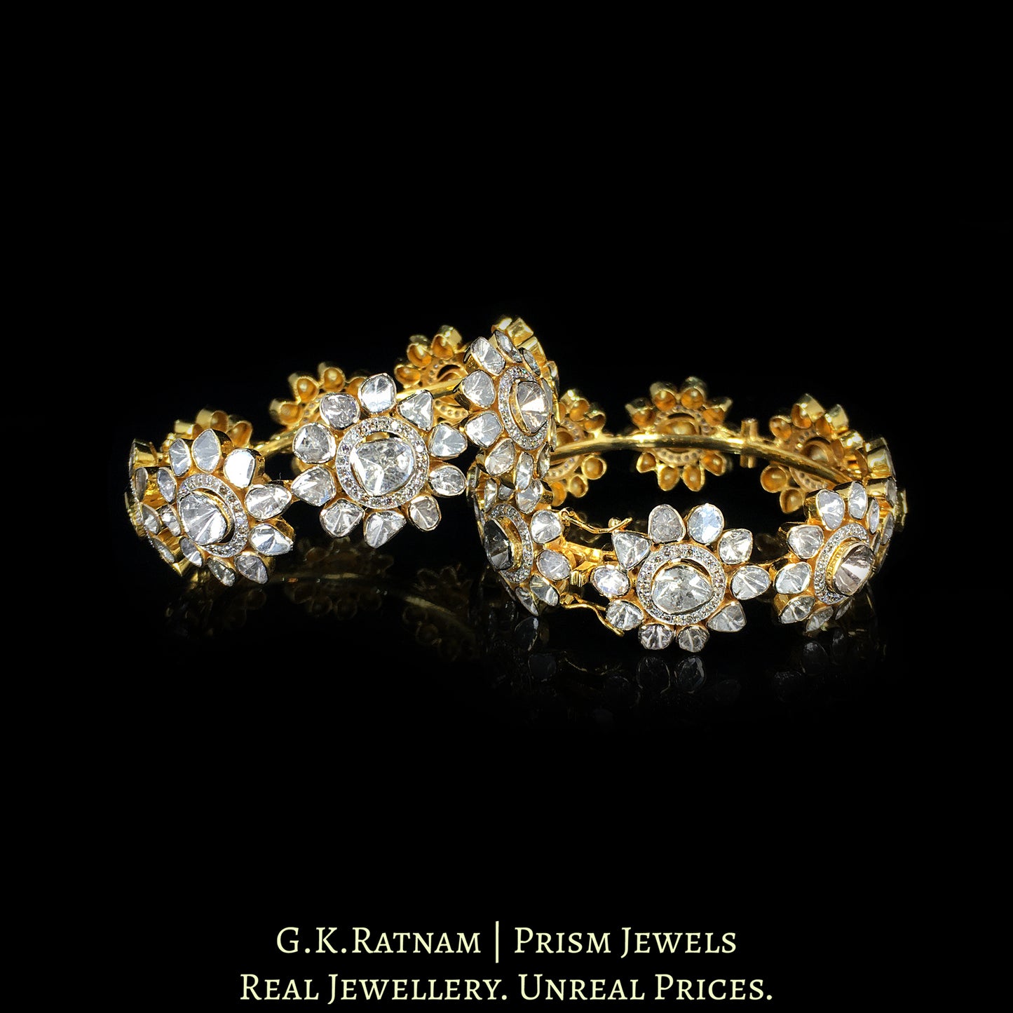 14k Gold and Diamond Polki Open Setting Bangle Pair