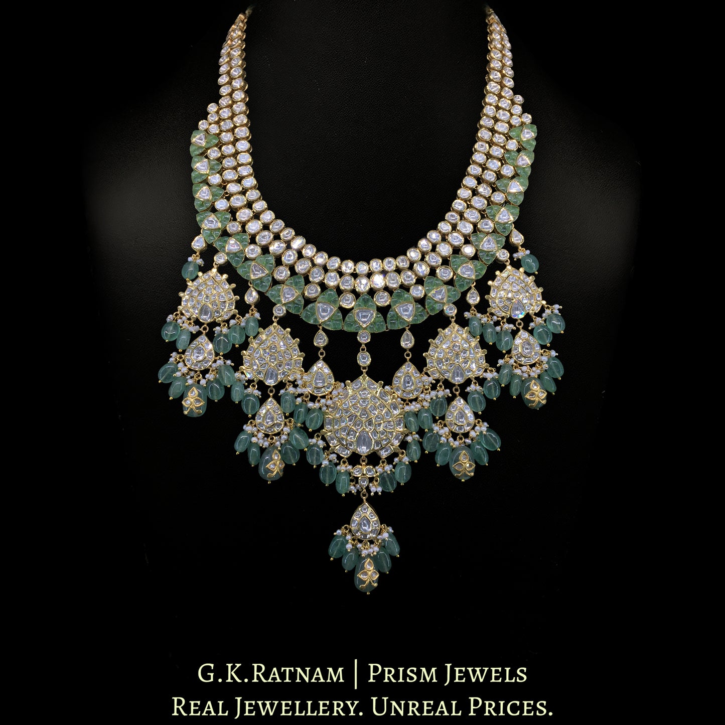 22k Gold and Diamond Polki Long Necklace Set with emerald-green Strawberry Quartz and Hyderabadi Pearls
