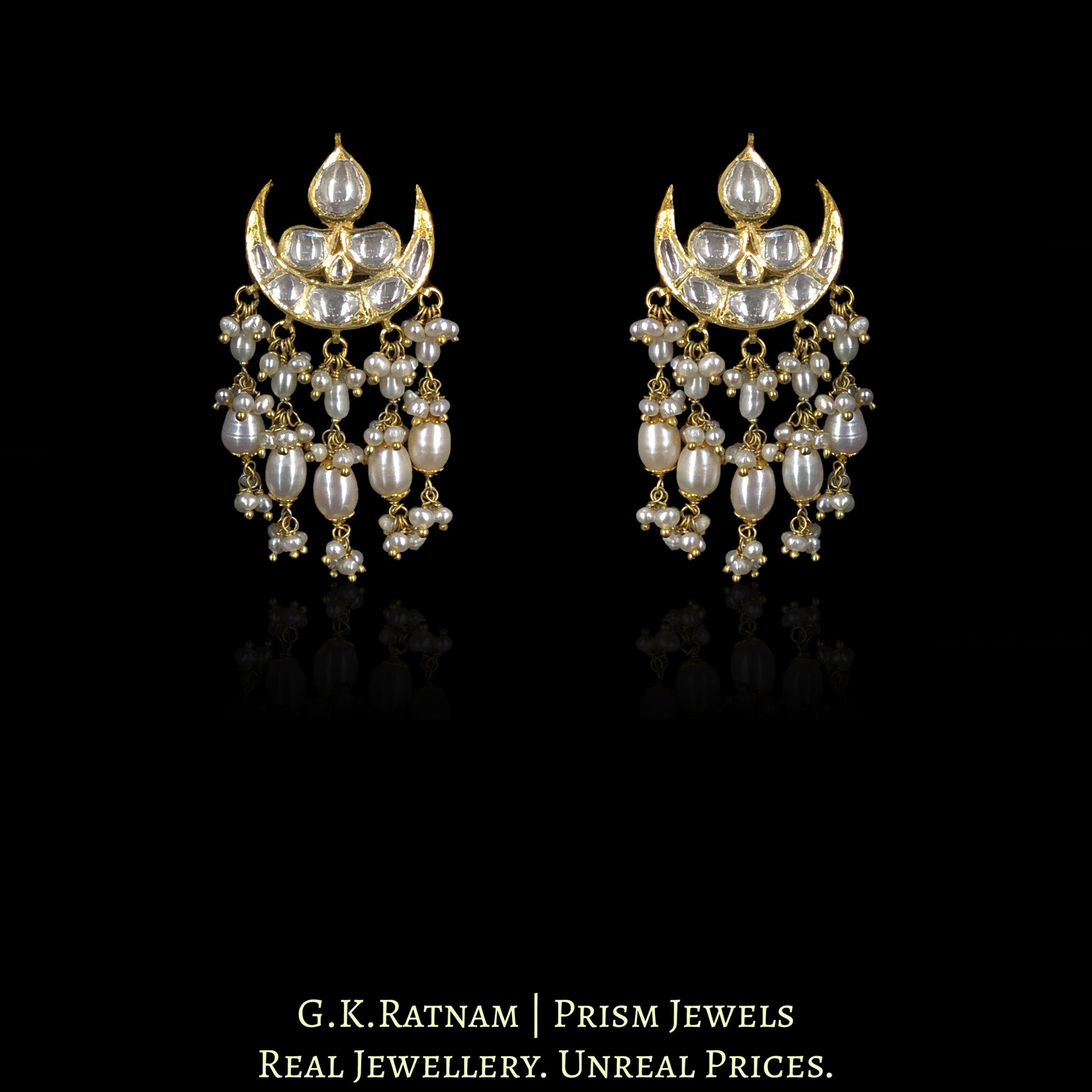 18k Gold and Diamond Polki chand-shaped Karanphool Earring Pair With Natural Freshwater Pearls