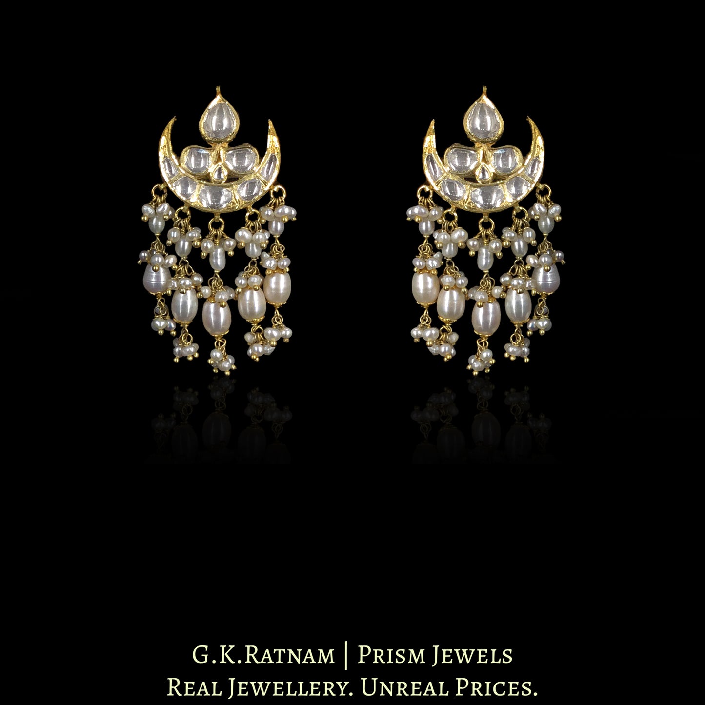 18k Gold and Diamond Polki chand-shaped Karanphool Earring Pair With Natural Freshwater Pearls