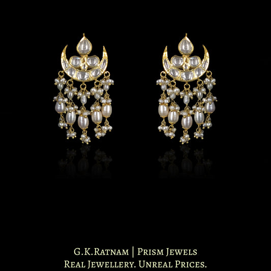 18k Gold and Diamond Polki chand-shaped Karanphool Earring Pair With Natural Freshwater Pearls