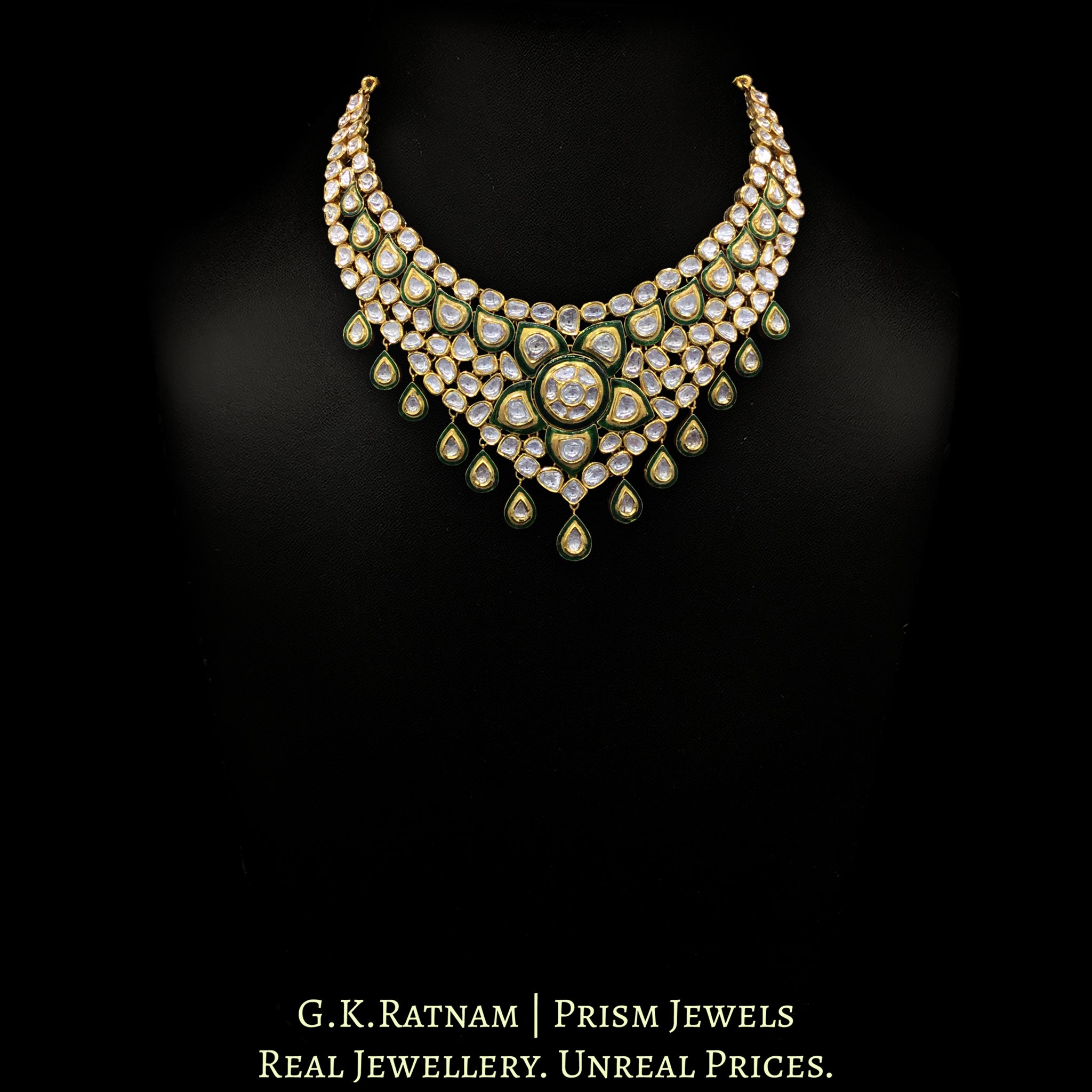 Traditional Gold and Diamond Polki Necklace Set with Green Enamel