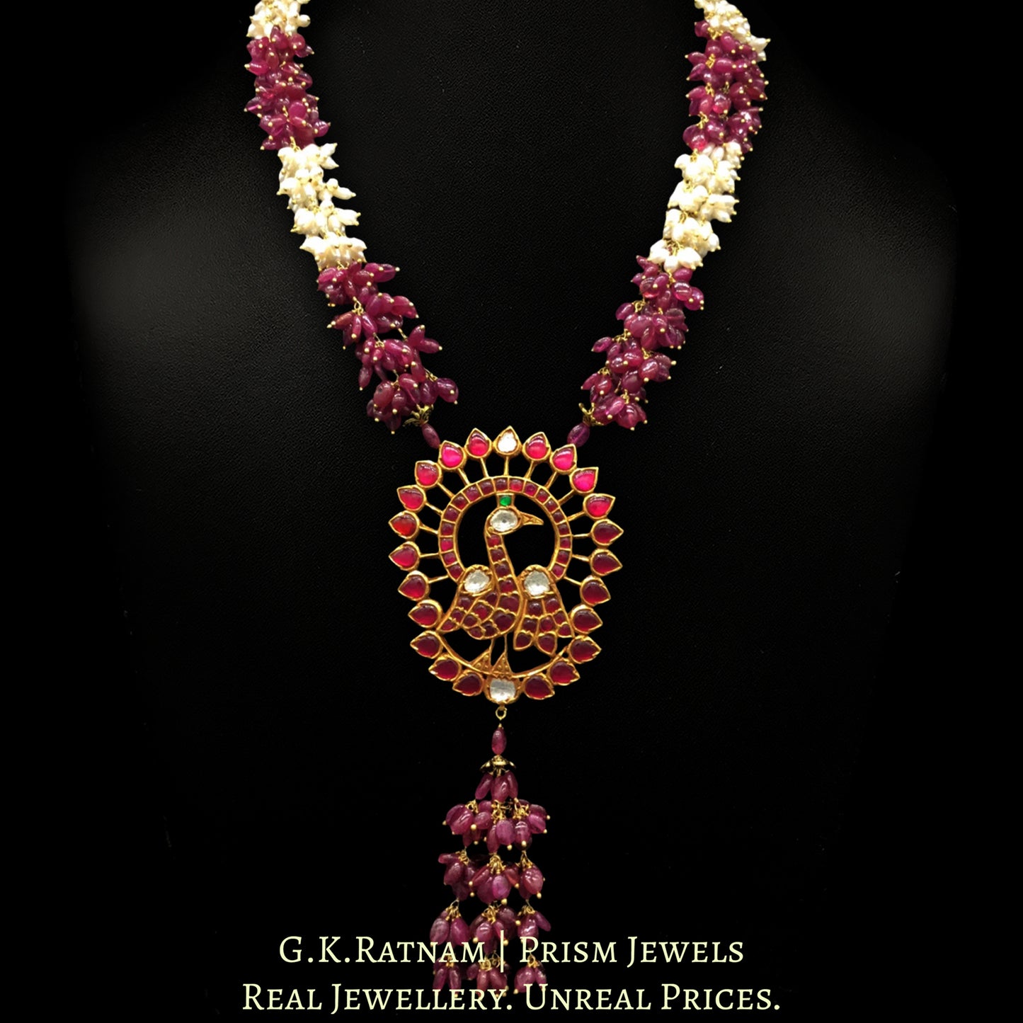 22k Gold and Diamond Polki south-style Peacock Pendant with Natural Rubies and Freshwater Pearls - G. K. Ratnam