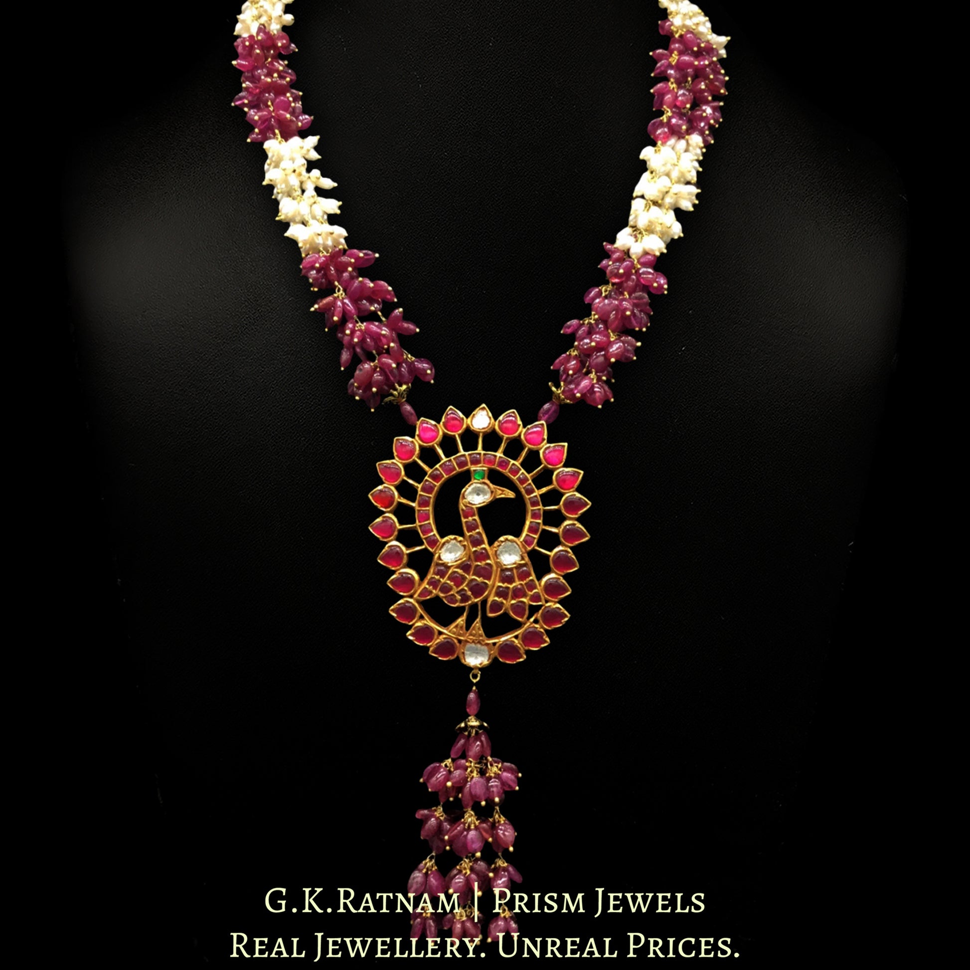 22k Gold and Diamond Polki south-style Peacock Pendant with Natural Rubies and Freshwater Pearls - G. K. Ratnam