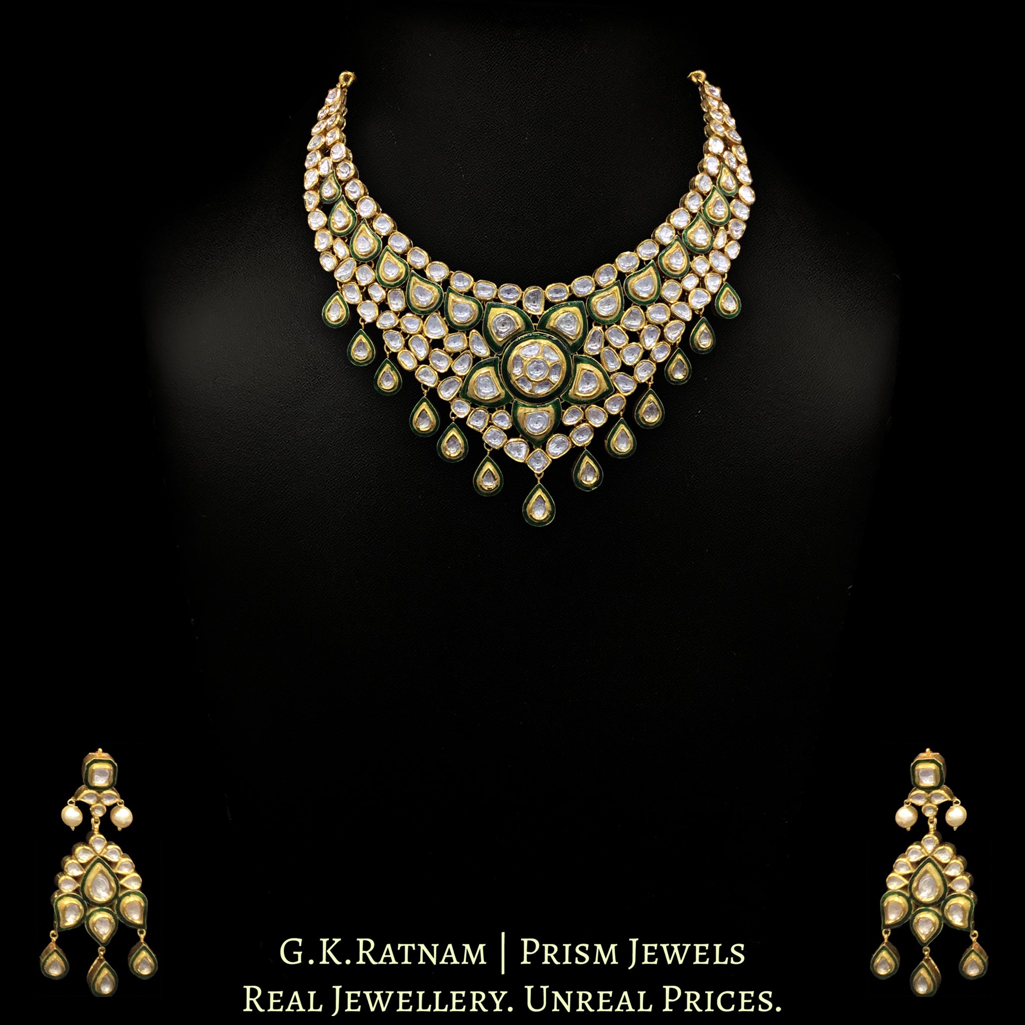 Traditional Gold and Diamond Polki Necklace Set with Green Enamel